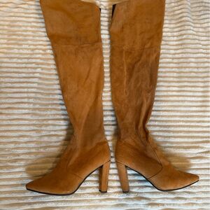 Light brown (tan) thigh high suede boots size 39EU or US 8.5, fits size 8 too.